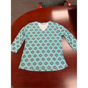 Anthony’s Resort Wear Aqua & Navy Medallion V-Neck Tunic Too sz M EUC